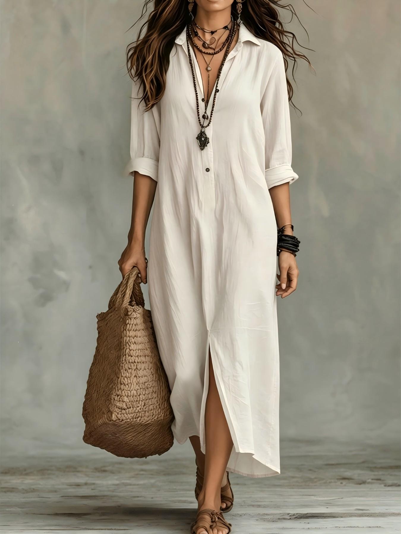 2026 Spring Summer Cross-Border Casual Solid Color Notched Lapel Front Split Long Dress, Trendy Women's Fashion, Comfortable & Stylish