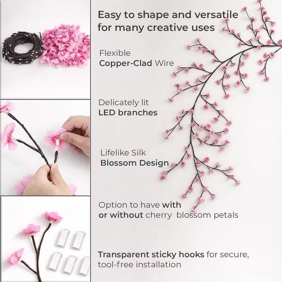 96led Cherry Blossom Vine Light, Flexible LED Branch Lamp, 8 Flash Modes, USB Powered, Ideal for Bedroom, Living Room, Party, Wedding Decor