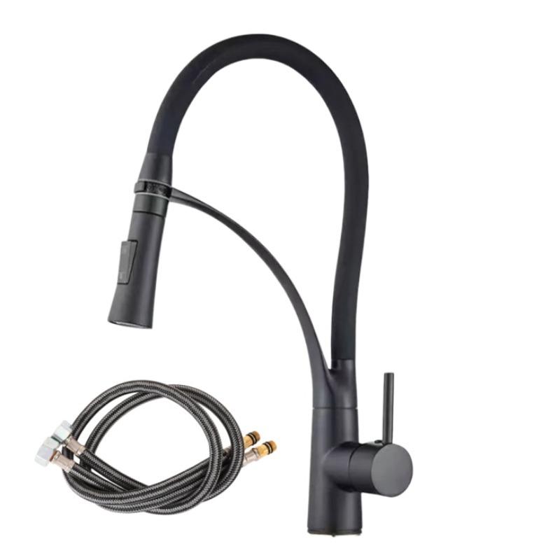 Extractable Kitchen Faucet Flexible Silicone Sprayer, Single Handle Pull-Down Brass Goose Neck, Modern High Arc, Polished Chrome Rubber Nozzle Hose