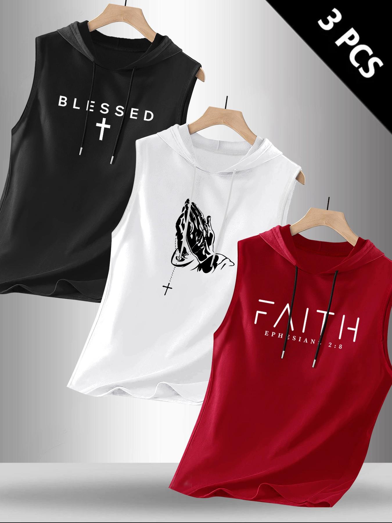 Men's 3-Pack Christian Faith Sleeveless Hooded Tank Tops, Blessed Cross Praying Hands Print Workout Vests, Religious Streetwear #ChristianApparel #FaithWear #MensGymWear #SleevelessHoodie #TikTokMadeMeBuyIt