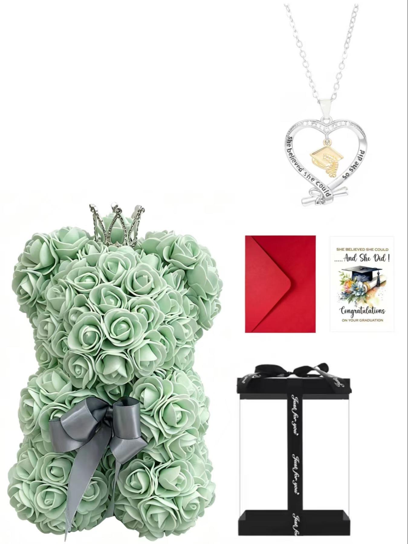 Graduation Gift Set, Handmade Crown Rose Bear Box, Bachelor Hat Necklace, Small Bear Set, Perfect Graduation Present for Friends