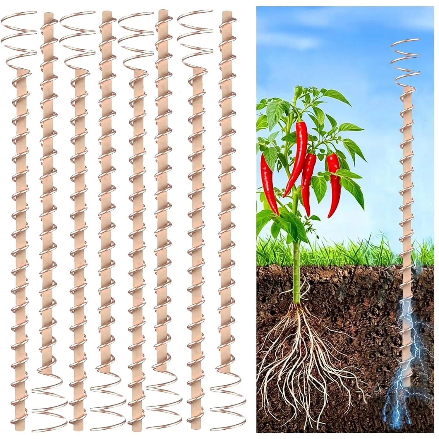 12" Long Copper Plant Garden Stakes,10 Pack  Copper Coil Antennas for Growing Vegetable Garden Plants Support High-Yield,Eco-Friendly