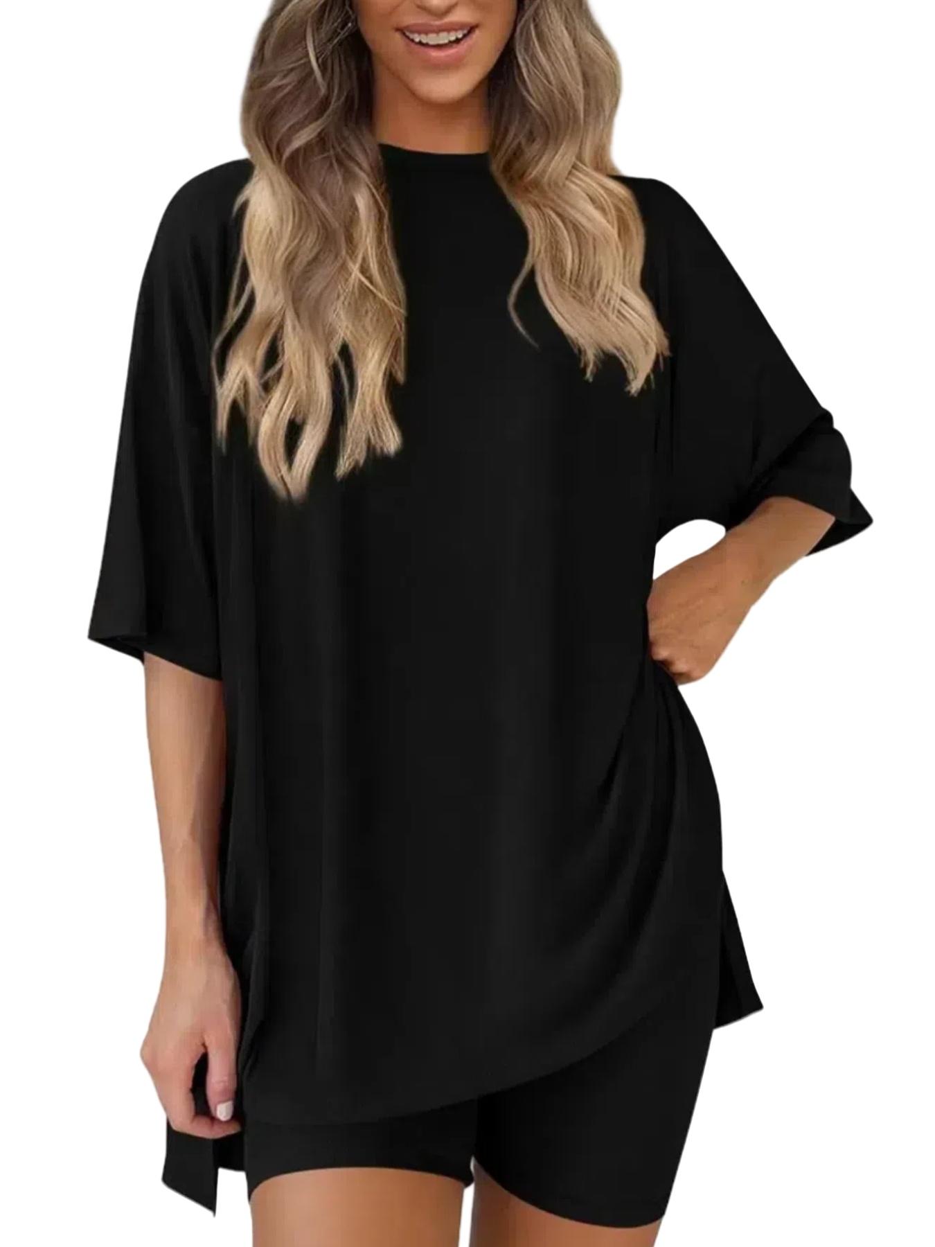 Women's Solid Color T-Shirt and Shorts Matching Set, Basic Minimalist Lightweight Breathable Comfortable Round Neck Summer Loungewear, Home Wear Loungewear, Ladies Loungewear, Women's Casual Sleepwear, Pajamas, Stylish Nightwear, Outfit