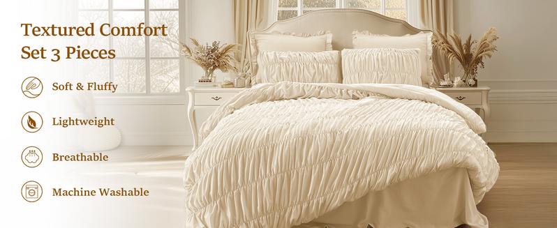 Inovaday 3 Pieces Comforter Set, Boho Fluffy Ruched Bedding Comforter Set with 2 Pillowcases, Soft Shabby Chic Ruffle Comfy Bed Set Luxury Bedding Set