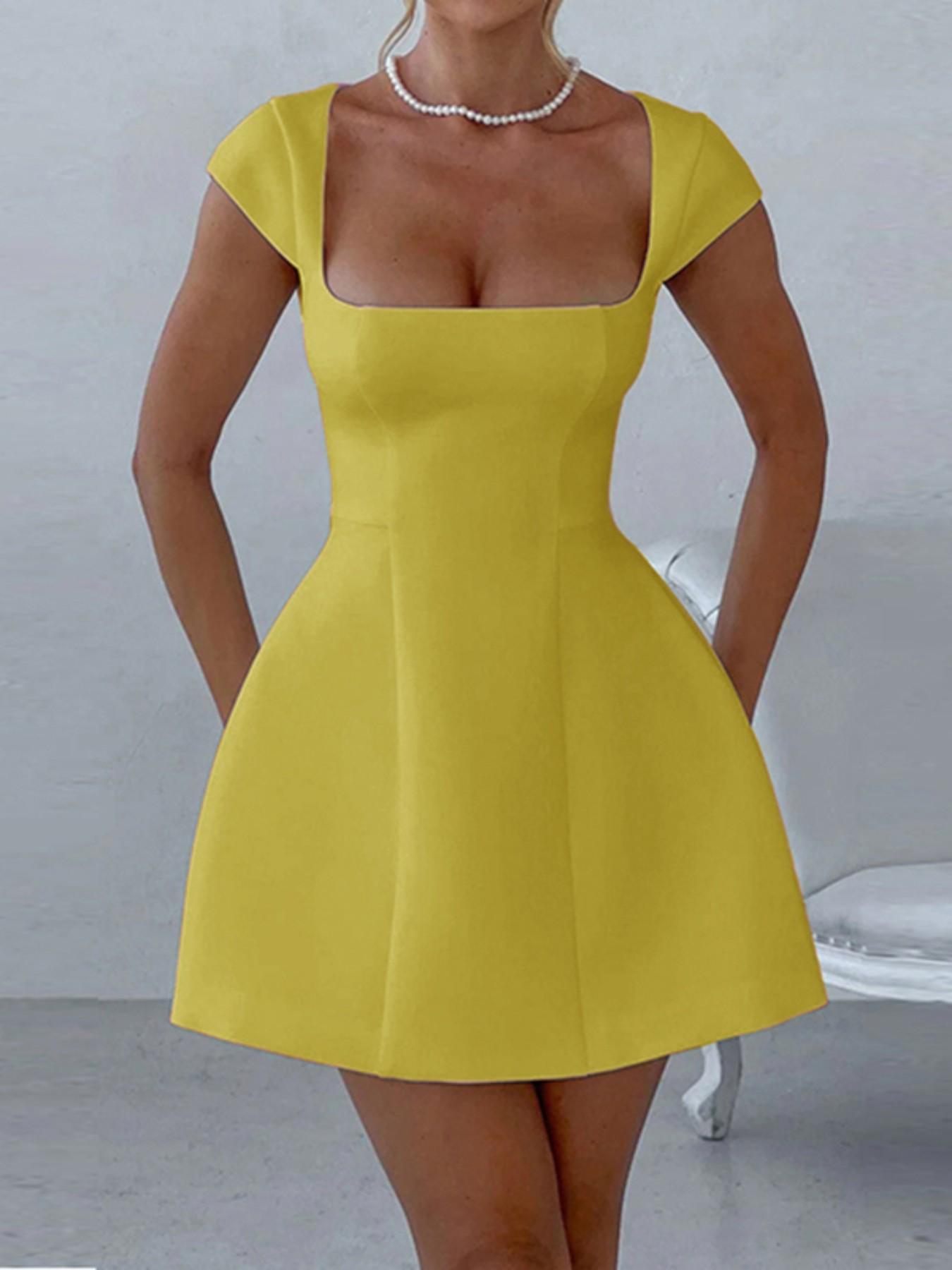 Women's Plain Square Neck A Line Dress, Formal Wear, Elegant Cap Sleeve Short Dress for Party Holiday Wedding Guest, Ladies Fall Clothes