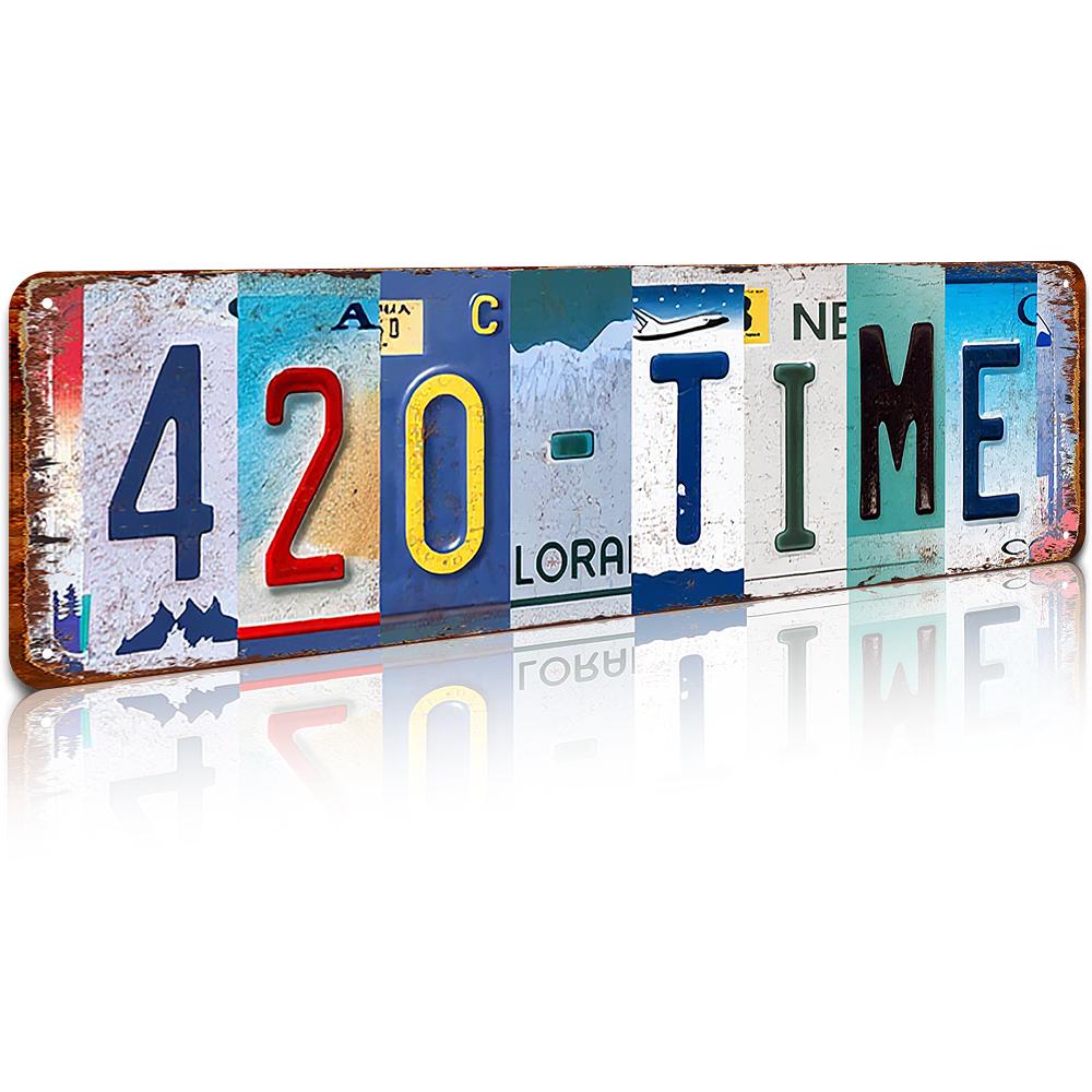 "420-Time" License Plate 420 Time Sign Aluminum Metal Sign, 4x16 Inch Vintage Street Wall Decor for garage, bedroom, man cave, Waterproof & Rust-Free, bedroom decor, room decorations, wall art, funkyroom decor, vintage metal art, gift, home decor wall art