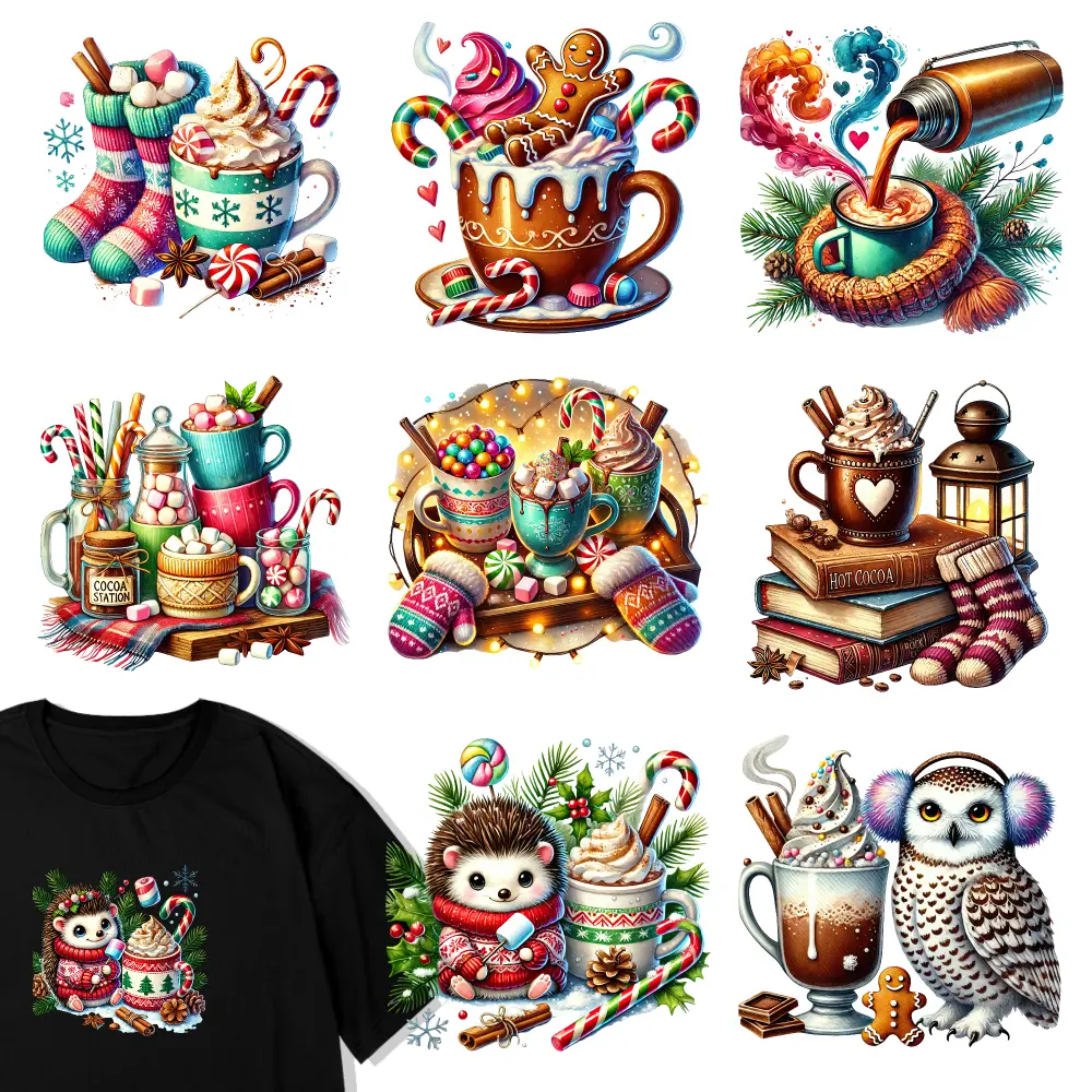 9 Pcs Hot Chocolate Iron on Transfers Washable heat transfer stickers DTF Transfers Ready Iron On Transfer Patches iron on decals Iron on Decals for T Shirts Press Washable Stickers