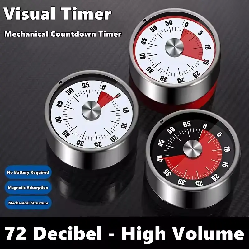Magnetic Visible Timer 60 Minutes, 2.36 Inch Kitchen Countdown Timer, Stainless Steel Mechanical Tool, Ideal for Classroom Teaching