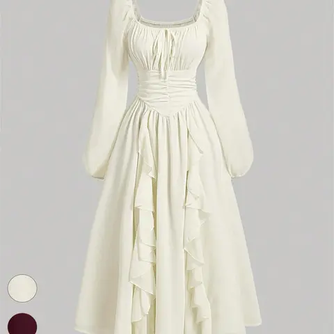 Women's Ruffle Lantern Sleeve Long Sleeve Cute Dress, Autumn Wedding Guest Renaissance Style Back-To-School Graduation Gown,milkmaid dress,misty white dress