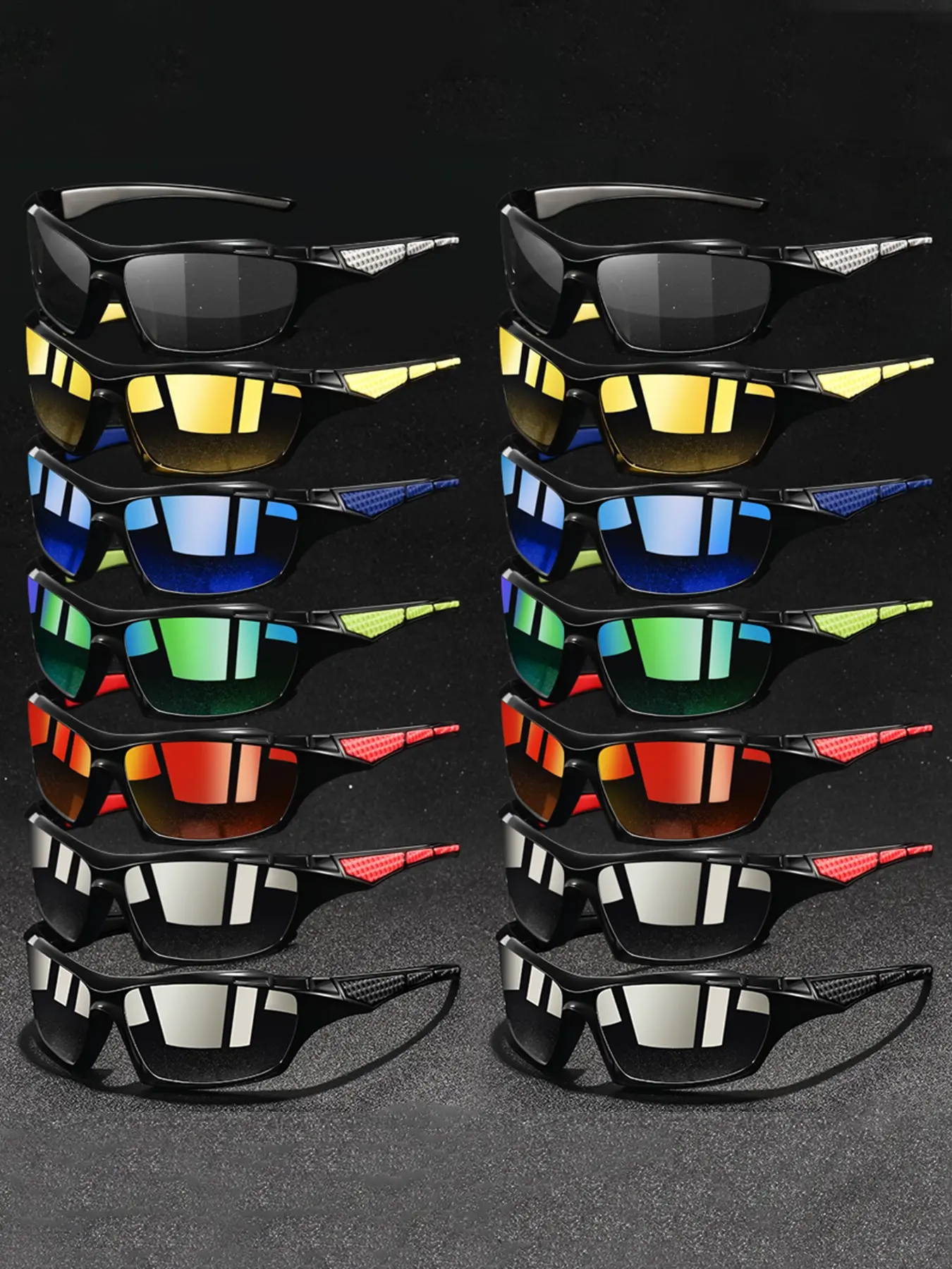 14pcs latest style square sports glasses,Provide multiple color options,suitable for both men and women,grid splicing frame paired collocation rubber nose pad,fashionable comfortable design,perfect beach accessory for summer travel and outdoor activities.