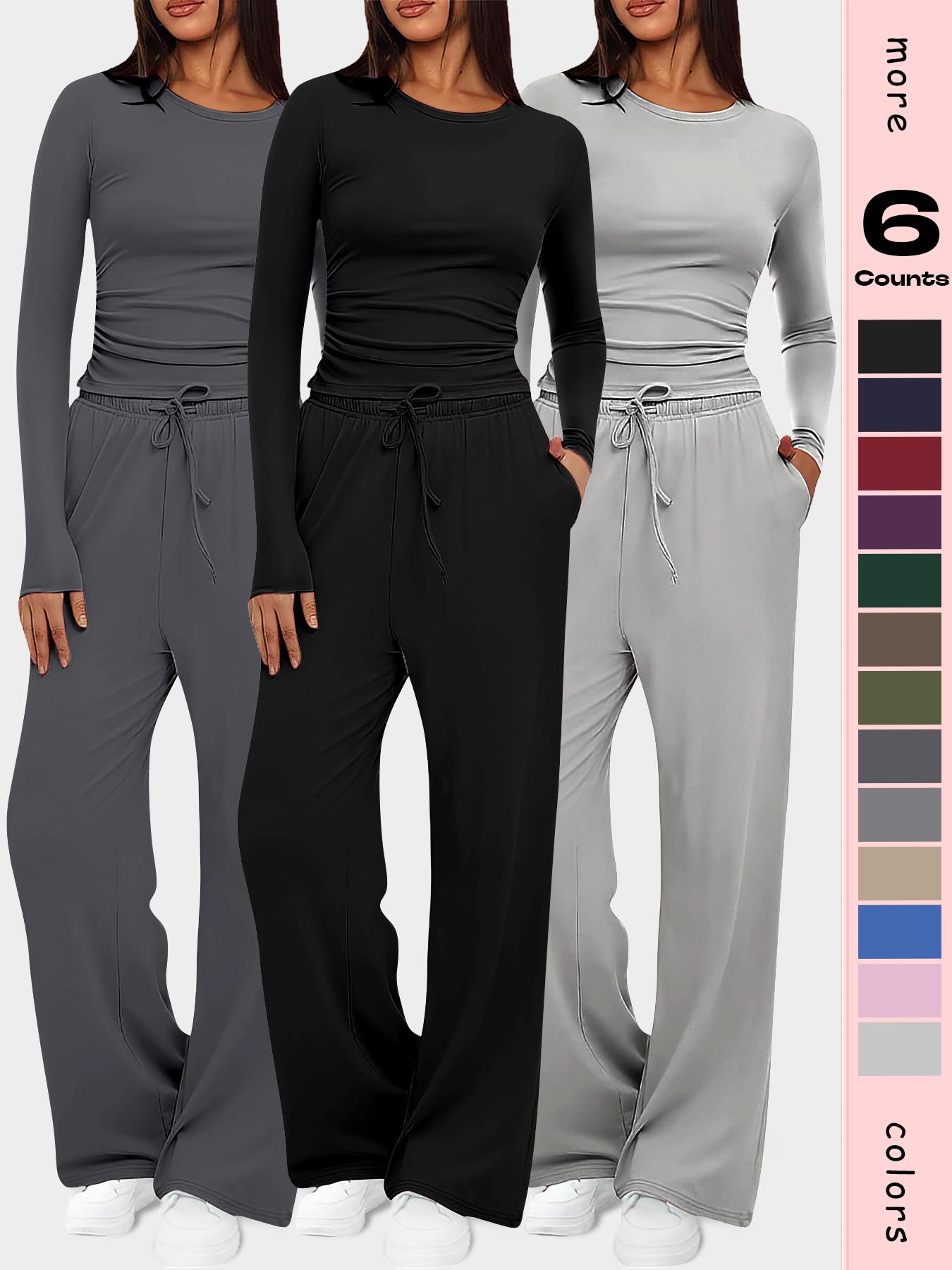 Women's 2-Piece Set Autumn and Winter Loungewear Sets, Ruched Fitted Long Sleeve Tops & High Waisted Wide Leg Pants