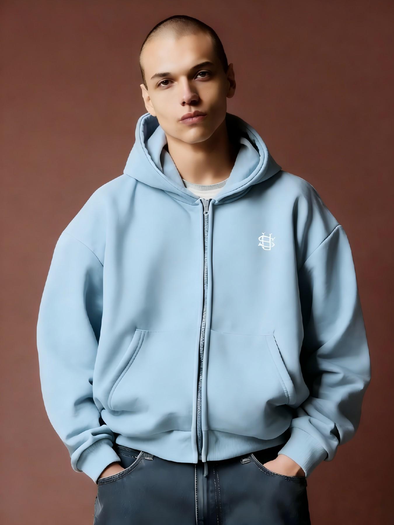 Men's Light Blue Zip-Up Hooded Sweatshirt, Heavyweight Loose Fit Casual Jacket, Minimal Embroidery, Streetwear for Spring & Autumn, 5 Colors