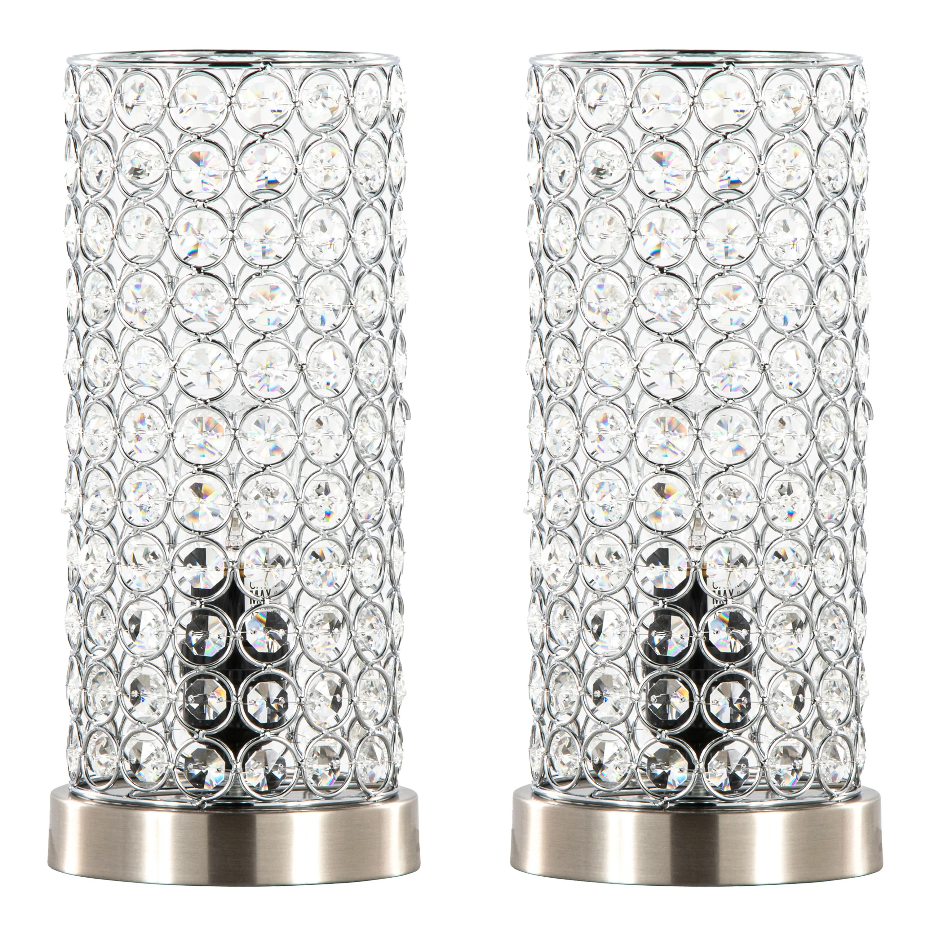 Nokaa 11" Contemporary Uplight Set of 2 – Brushed Nickel Base, Chrome Shade with Crystal Accents, Modern Table Lamp for Living Room, Bedroom, Hallway, Shelf, Mantel, Indoor Lighting