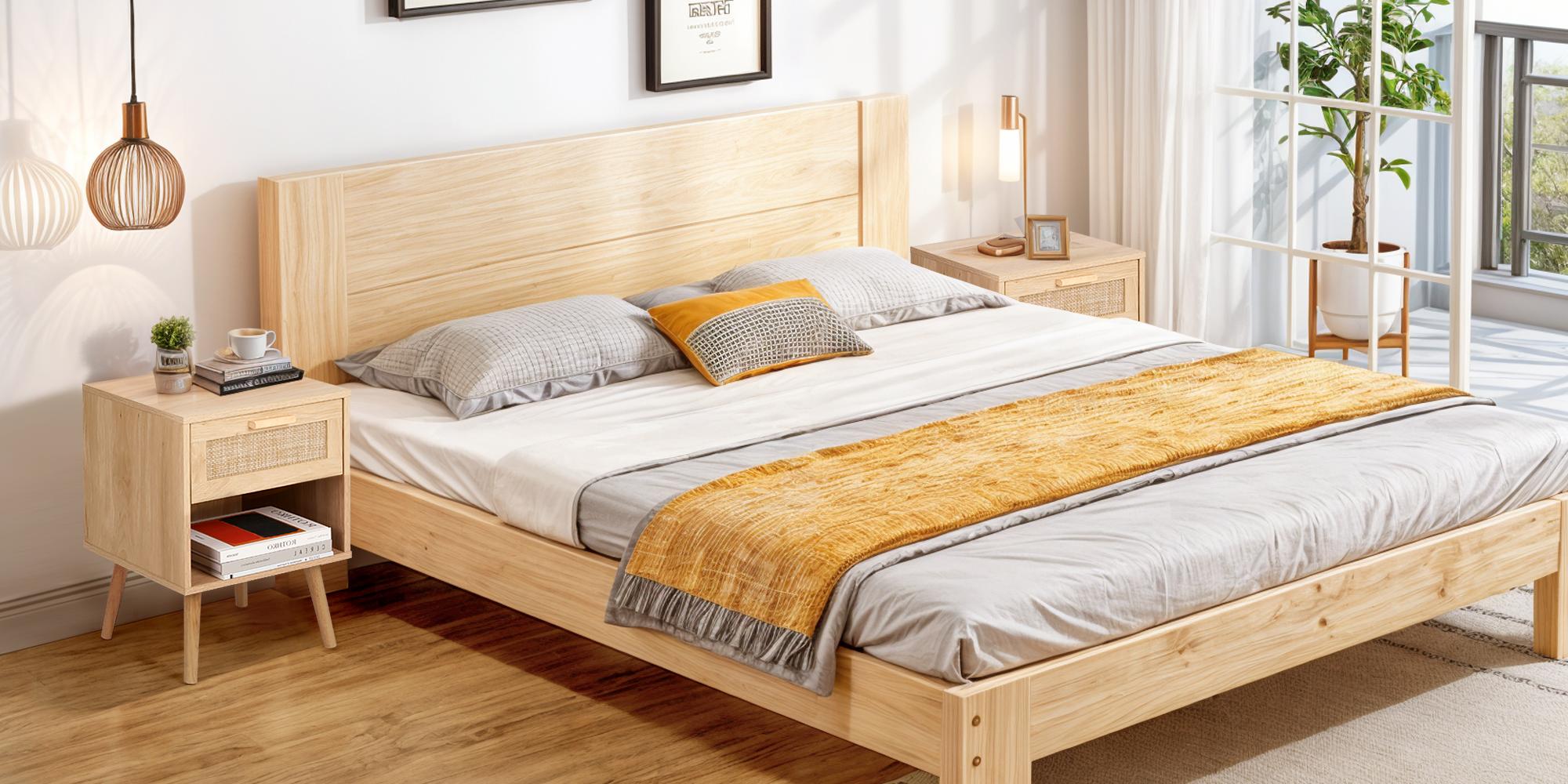 VOWNER Rattan Nightstand, Night Stands with Hand Made Rattan Decorated Drawer, Bedside Table Boho End Tables Side Tables with Storage Shelf, for Bedroom