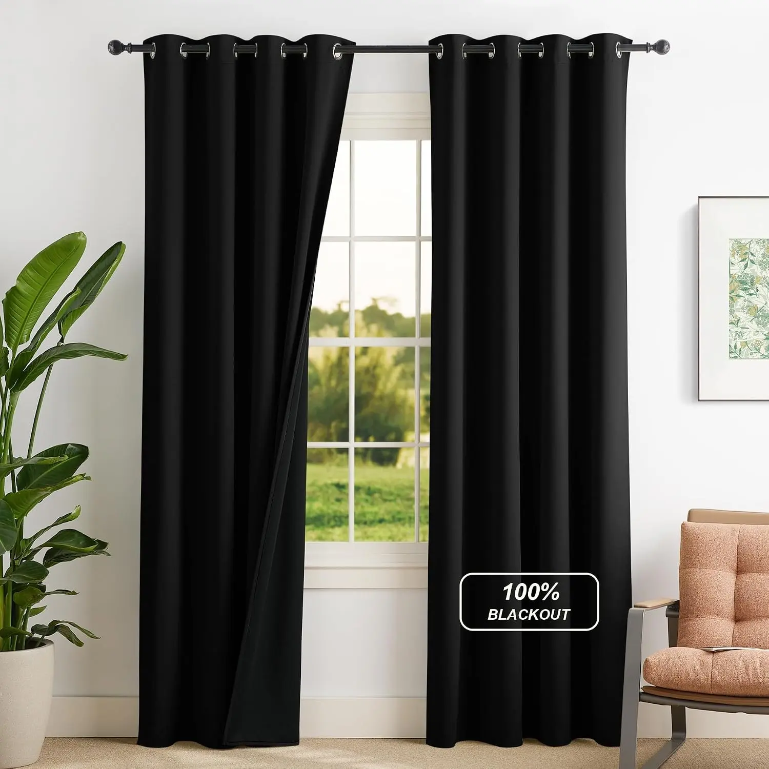 Black 100% Blackout Curtains for Bedroom 84 Inch Long | Room Darkening Thermal Insulated Grommet Window Drapes for Living Room, 52" W x 84" L, 2 PanelsGift