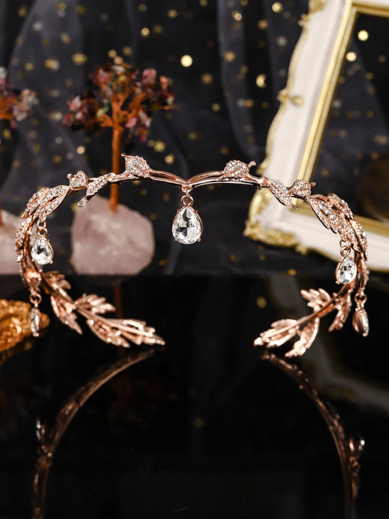 Vintage Creative Alloy Rhinestone Leaf Water Drop Pendant Headpiece Crown, Adjustable Bridal Party Accessory, Holiday Gift