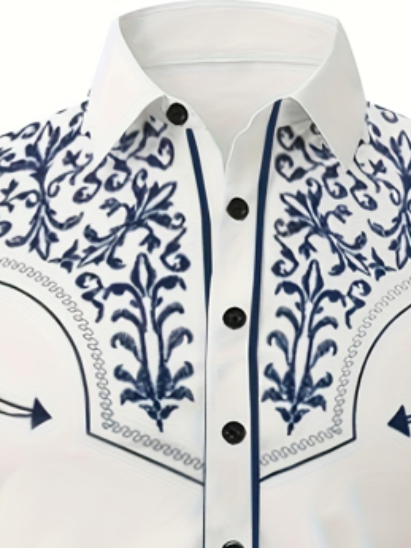 Men's Blue Pellis Pattern Long Sleeved Lapel Shirt, Autumn Business Casual Wear, Fitted Ethnic Design, Spring & Fall Fashion Top