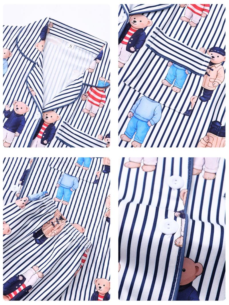 Women's Fall Winter Pajama Set, Cute Bear Print, Comfortable Lapel Top & Elastic Pants, Casual Homewear, Ladies Sleepwear Series