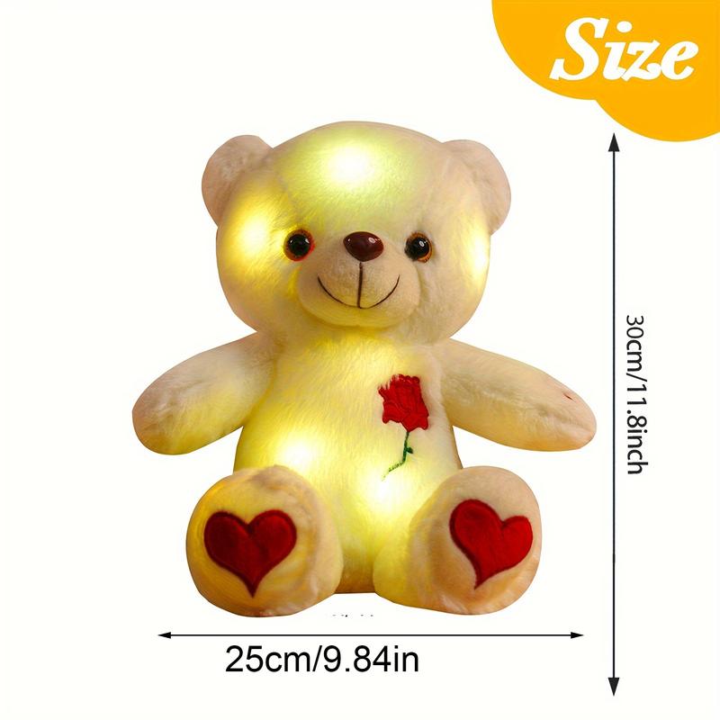 Glow-in-the-Dark Light-Up LED Teddy Bear Plush Toy with Heart and Rose Lights, Soft and Cuddly Plush Animal with Expressive Eyes, Warm White and Colorful Lights, Valentine's Day, Birthday and Anniversary Gift for Kids and Adults
