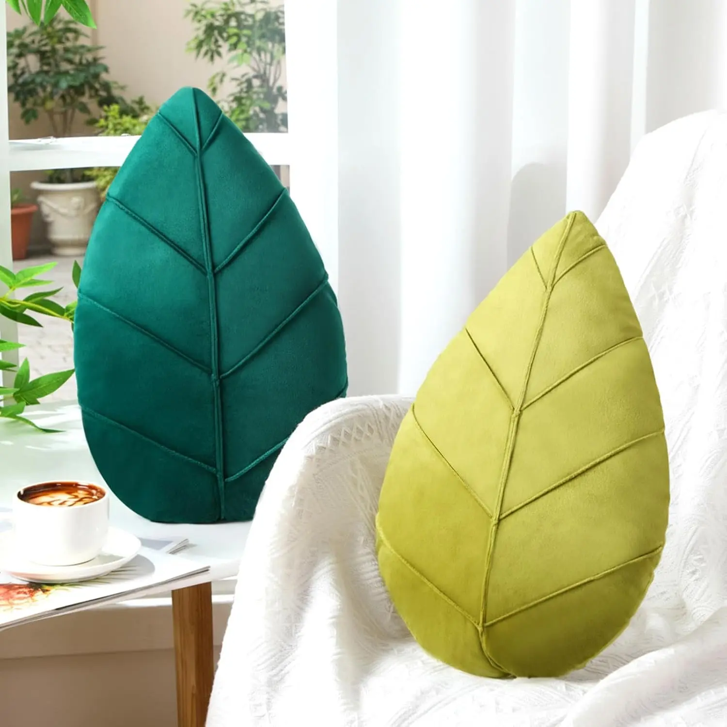 Set of 2 Leaf Pillows 3D Leaf Shaped Throw Pillows 15" Plush Decorative Plant Cushion Birthday Gifts for Plant Lovers Bedroom Sofa Home Living Room Office Decor(Dark Green, Light Green)