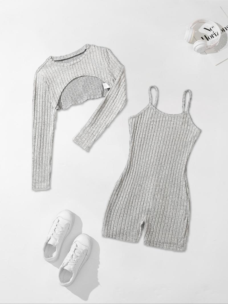 Women's Solid Ribbed Crop Top & Romper Set, Casual Basic Fashion Cozy Top & Romper for Daily Outdoor Wear, Ladies Clothes for All Seasons