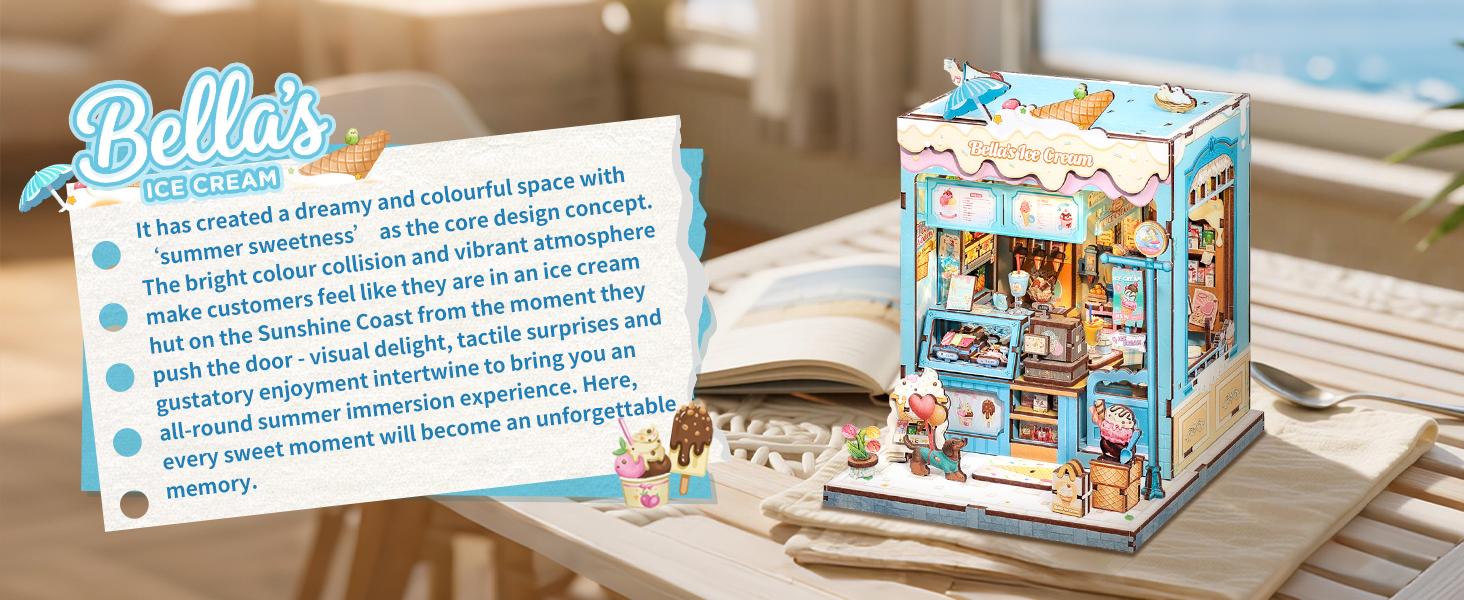 CUTEBEE DIY 3D Book Nook Kit Bella’s Ice Cream – Miniature Wooden Streetscape Shop with LED Light, Handmade 3D Dollhouse Decor | Holiday, Christmas and Black Friday Gift