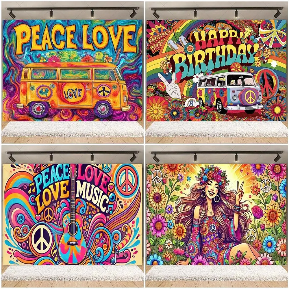Bohemian Style Theme Birthday Backdrop Colorful Hippie Bus Party Decorations Tie Dye Peace And Love Vinyl Backdrop Party Gifts