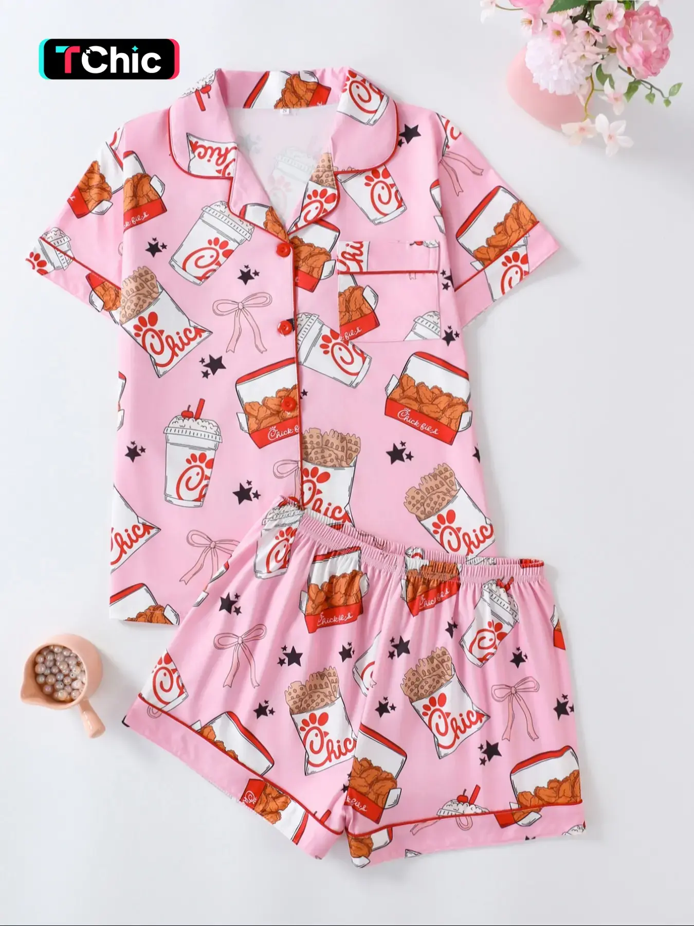 Women's Sleepwear Set, Casual Fitted Short Sleeve Top & Loose Comfortable Shorts, All-Season Elegant Ladies' Pajama Suit, Sleepwear Pajamas Set, Summer Sleepwear Set, Pajama Lounge Sets, Loungewear Sleepwear