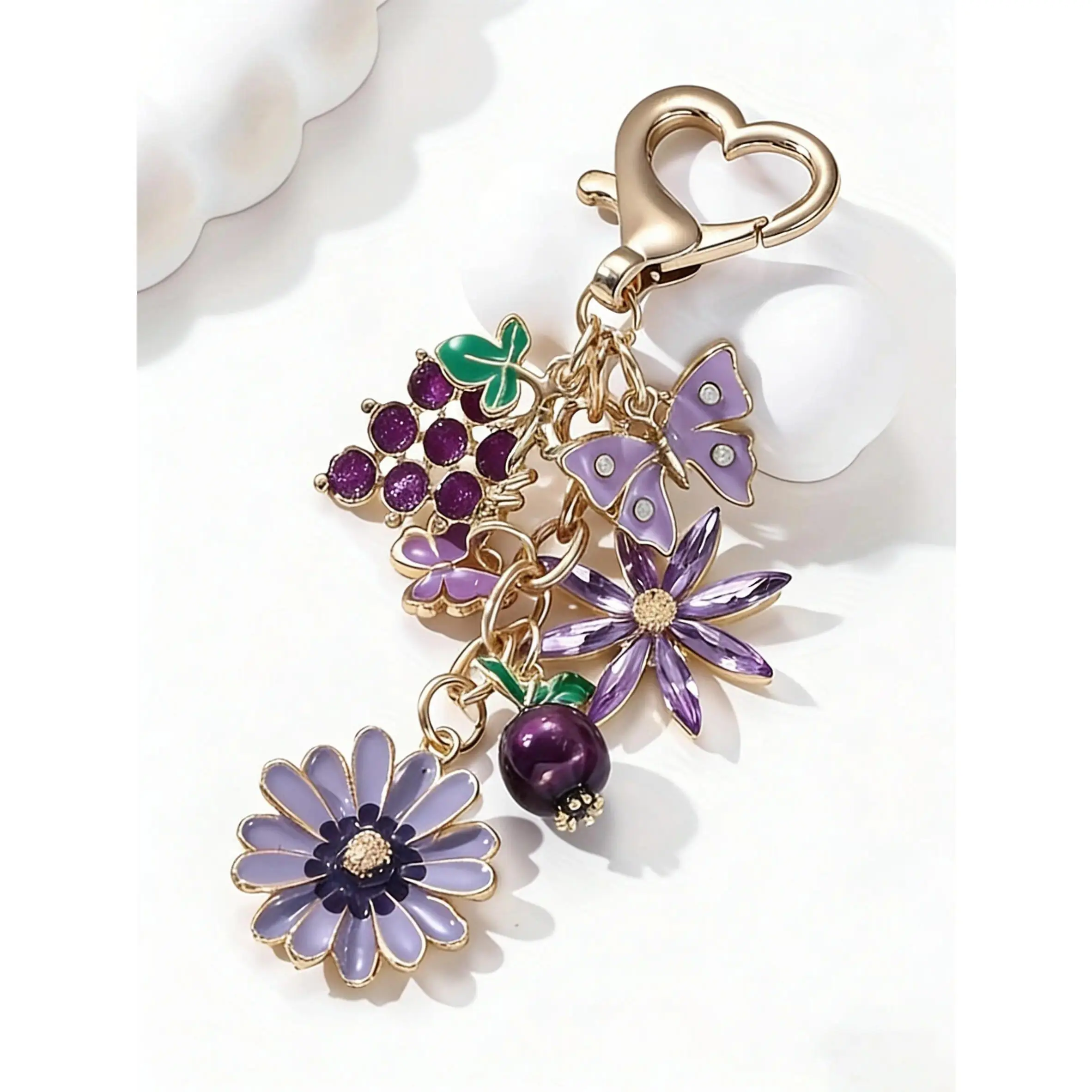 Wear-Resistant Alloy Keychain Bag Charm with Purple Floral, Butterfly & Grape Elements, Heart-Shape Carabiner, Sweet Forest-Style Purse Pendant for Girls’ Happy Birthday Friend Gifts