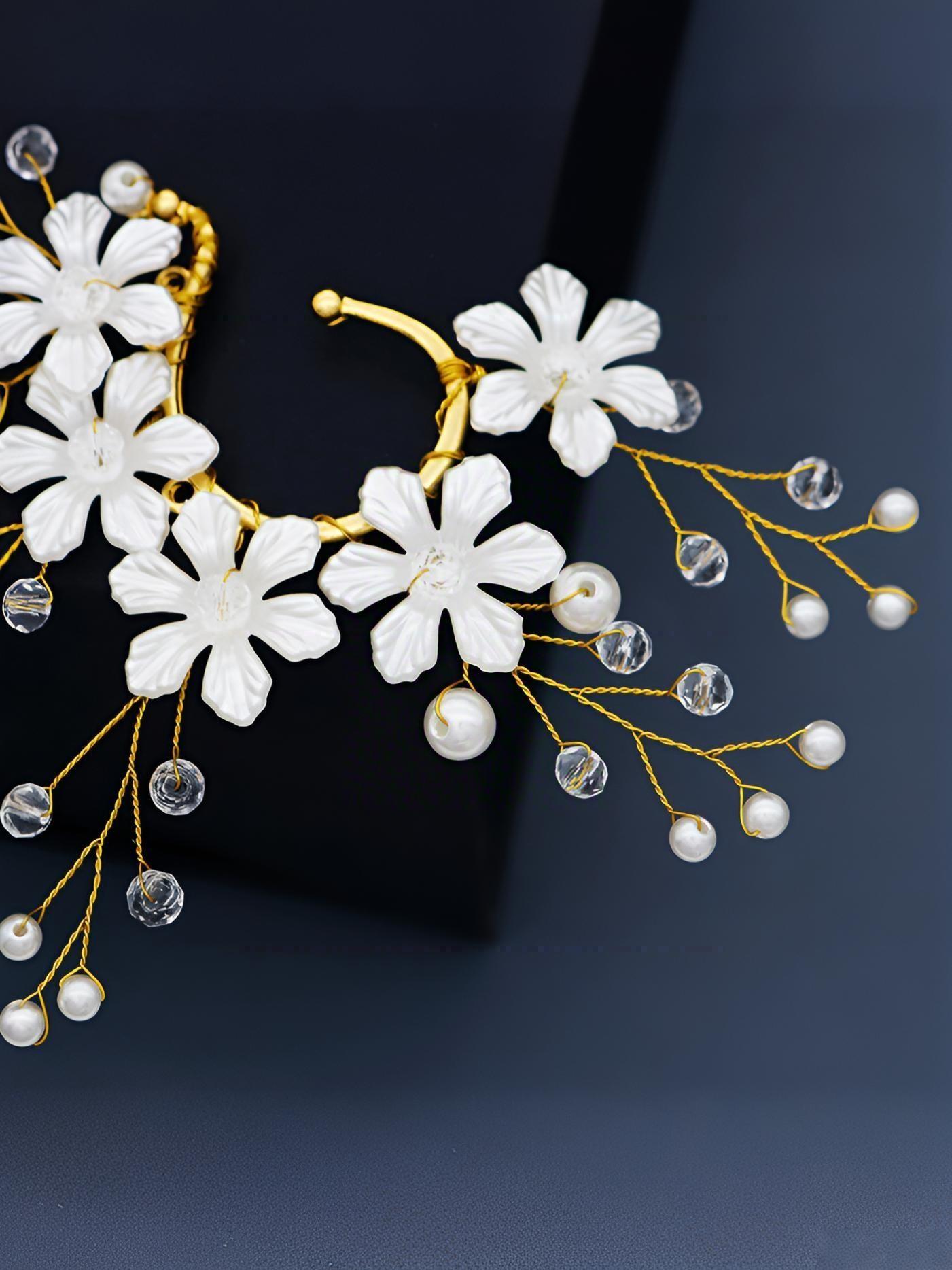 Elegant Flower Pearl Crystal Ear Clips, Handmade No-Piercing Earrings, Bridal Wedding Hair Accessories, Party Gifts