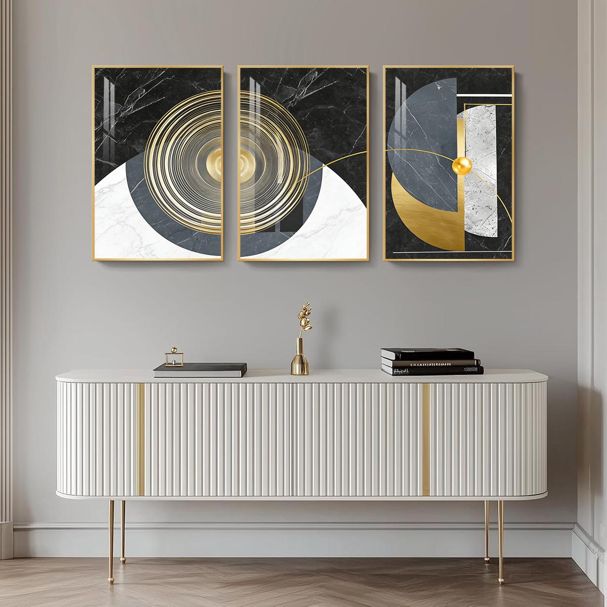 3 Counts Aluminum Alloy Framed Painting, Geometric Abstract Gold And Marble Art, Home Decoration For Living Room, Bedroom, Office, Restaurant, Hallway Wall Decor, Odorless Print Artwork, Luxury Perfect Gift For Friends And Family