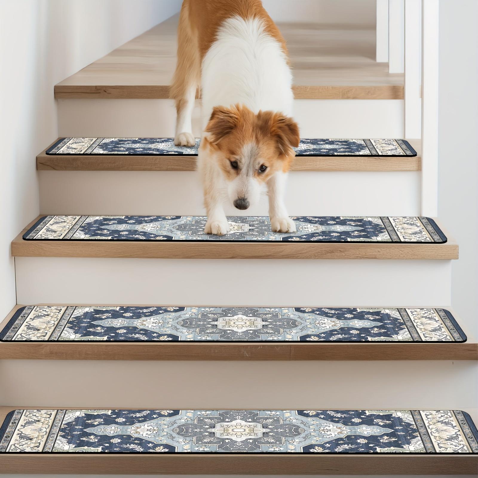 Non-Slip Stair Treads for Wooden Steps, 15PCS Boho Blue Carpet Stair Runners, Washable Stair Mats for Kids, Dogs, Elders, Indoor Stair Protectors with Adhesive, Vintage Floral Design