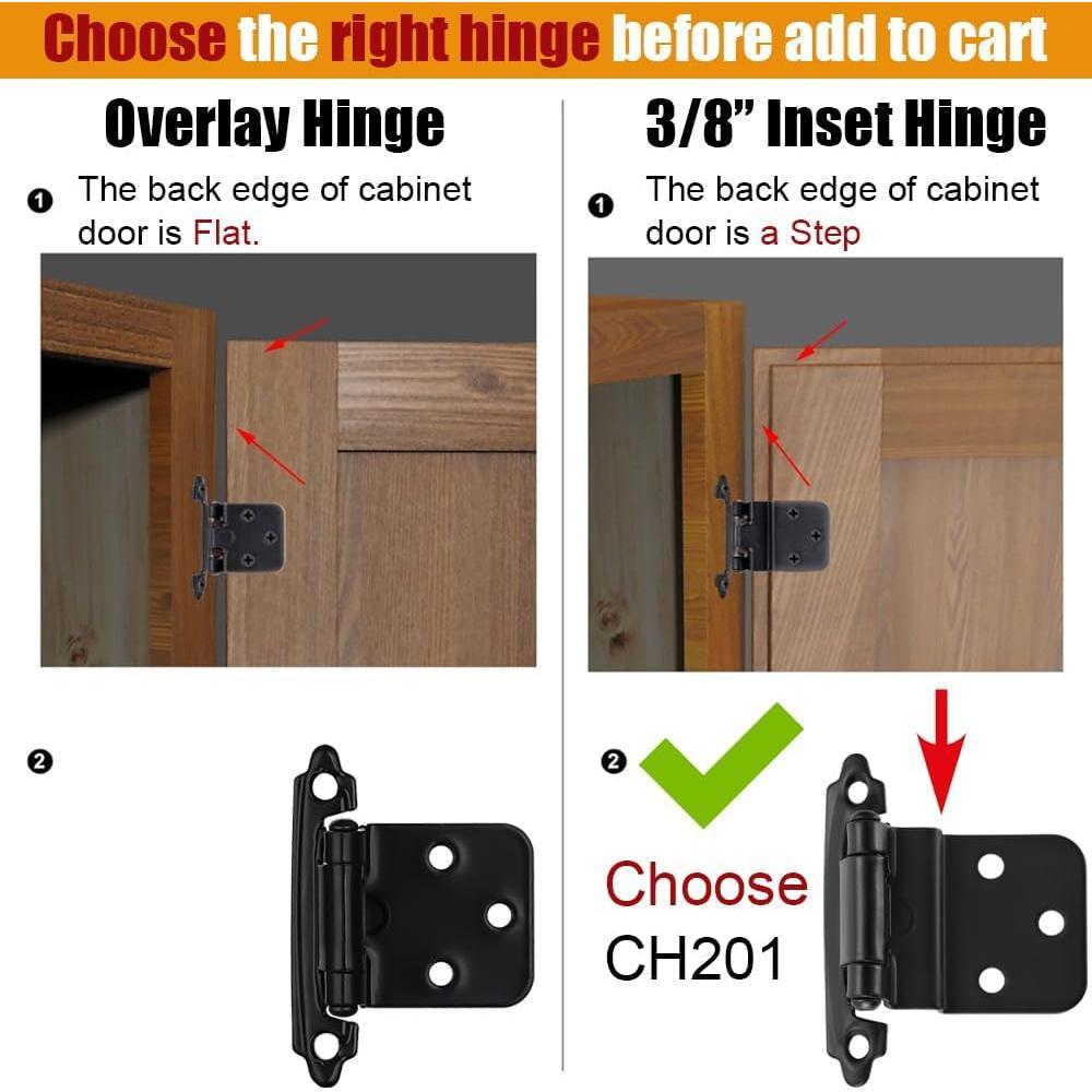 3/8 Inch Inset Cabinet Door Hinges Satin Nickel, 10 Pack 5 Pairs Flush  Mount Cupboard Self-Closing Kitchen Cabinet Hardware Hinges with Door Bumper, CH201-SN-P10