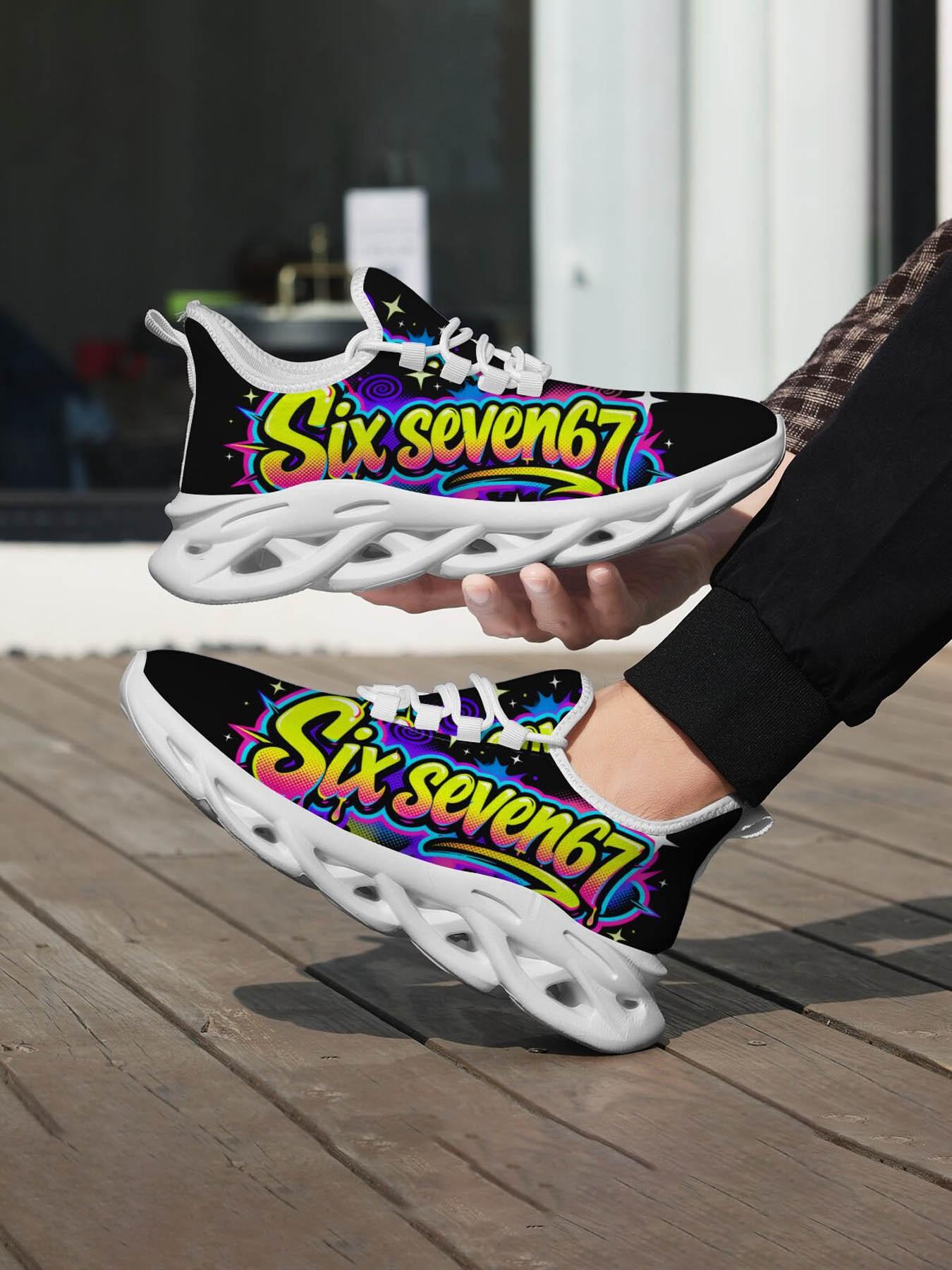 Exclusive Men's Colorful Sports Shoes, Abstract Art Print, Graffiti Style, Comfortable Thick Sole, Breathable Design, Street Fashion