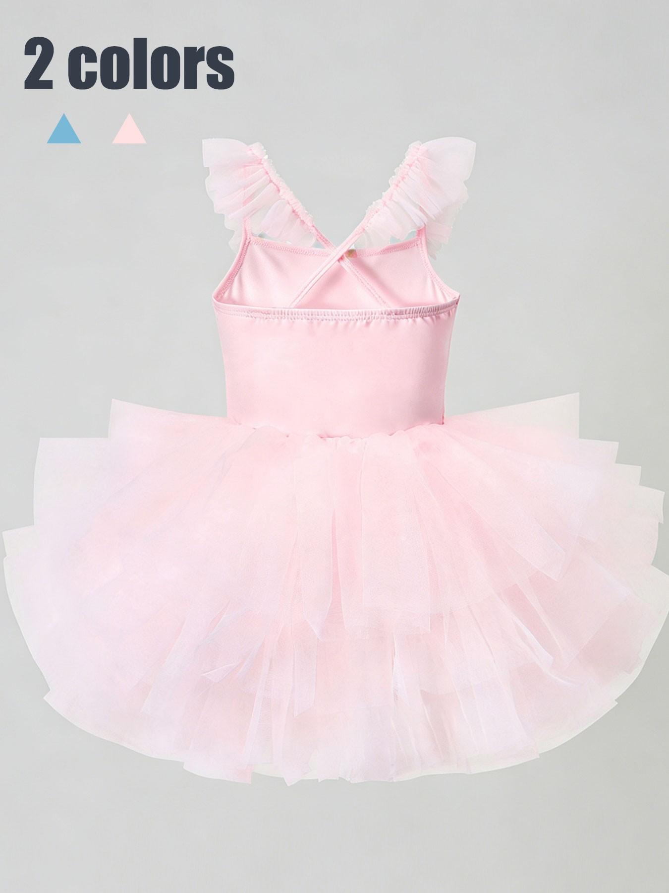 (New)Girls Birthday Party Dress with Ruffle Hem and Bow Design, Elegant Tulle Puff Skirt for Special Occasions, Fitted All-Season, Birthday Clothes(Gift)11