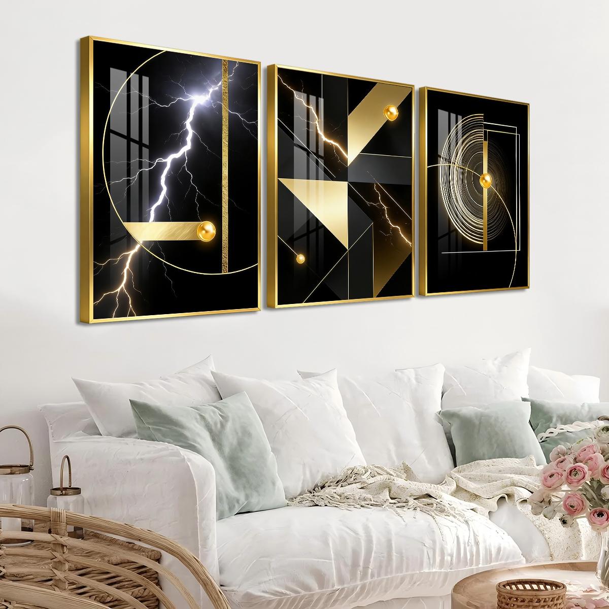 3 Counts Aluminum Alloy Framed Painting, Abstract Golden Geometric Lightning Art Pictures, Home Decoration For Living Room, Bedroom, Office, Restaurant, Hallway Wall Decor, Odorless Print Artwork, Luxury Perfect Gift For Friends And Family