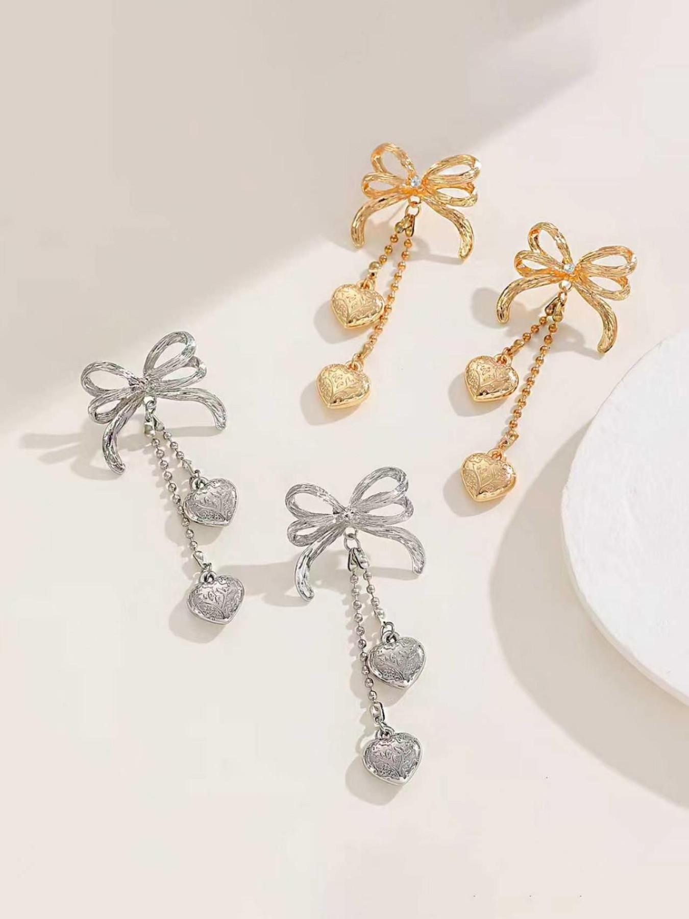 Elegant Butterfly Knot Drop Earrings, Heart Pendant, Star Moon Design, Classic Women's Jewelry, Perfect for All Seasons, Ideal for Holidays