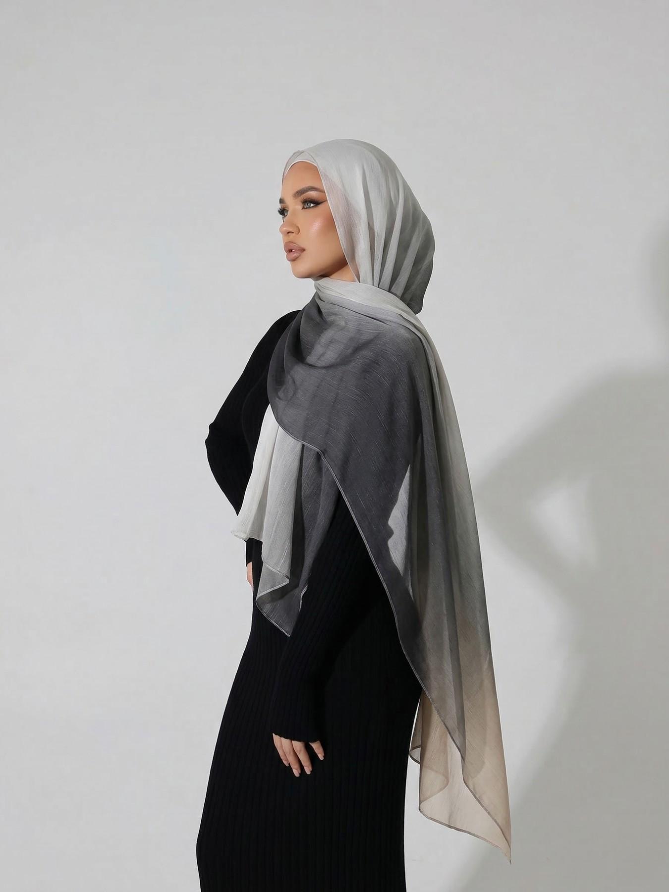 Women's Elegant Gradient Print Hijab Scarf, Soft Cotton Headscarves, Muslim Daily Wear Long Shawl, Fashionable Beach Wrap