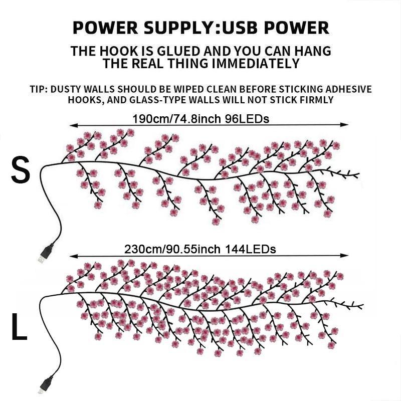 LED Sakura Vine String Lights, Glowing Cherry Branches, Bendable LED Tree Lights, 8 Flash Modes, USB Powered, Indoor Atmosphere Decor