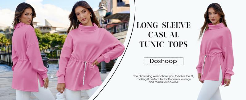 FISOEW Women's Turtleneck Sweatshirts Long Sleeve Pullover Tops Side Slit Tunic Shirts with Drawstring Waist Hoodie White Casual Womenswear #TikTokShopHolidayHaul