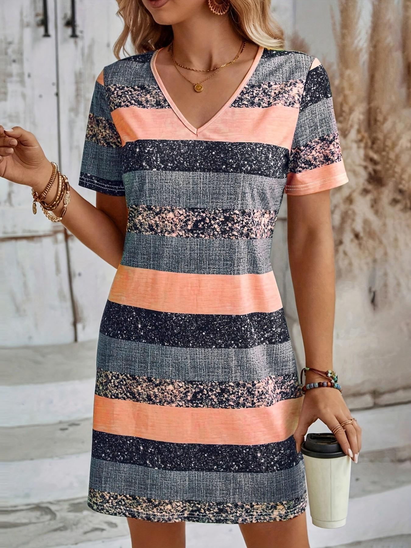 Women's Fashion Colorblock V-Neck Dress, Stylish Casual Wear, Perfect for Daily, Comfortable and Trendy Design