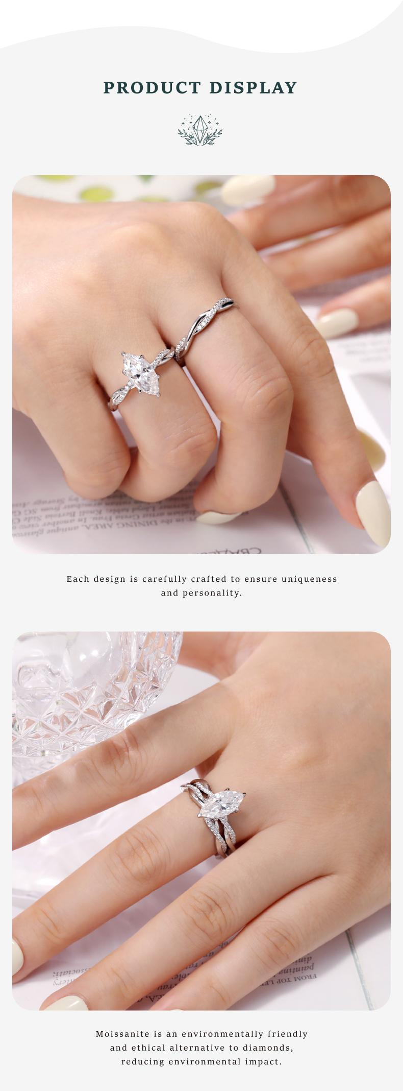 MOI MART 2CT Marquise cut Synthetic Moissanite ring, Engagement Ring in s925 sterling silver, Luxury and Anniversary Stackable Wedding Band jewelry