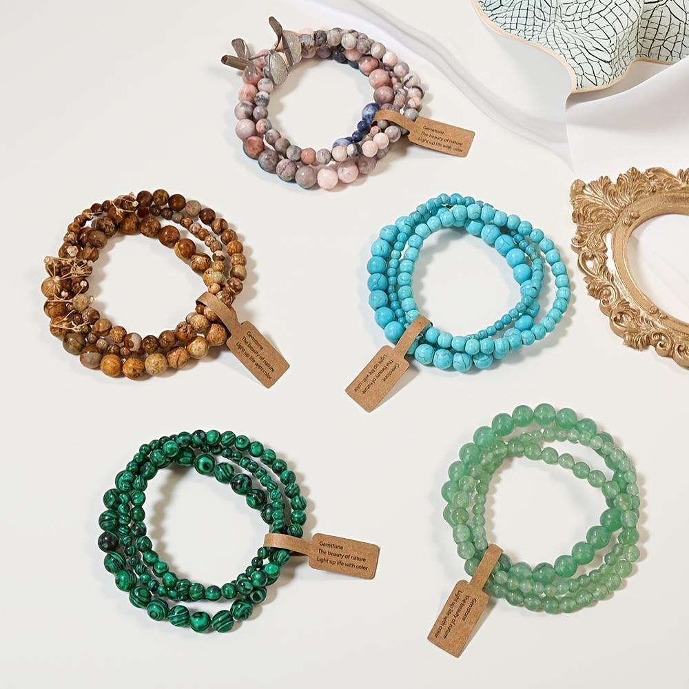 [Stone Bead Bracelets Set] Natural Stone Bead Bracelets Set - 3pcs/Set in 4Mm/6Mm/8Mm Sizes - Lucky Charm Bracelets - Couple Love Tokens - Natural Stone Wristband - Valentine's Day Gift