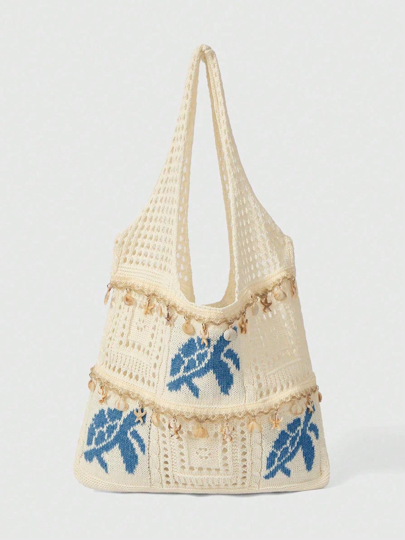 Vacation style simple and personalized hollow knitted turtle tote bag, shell, starfish, tassel hanging accessories, wide shoulder strap, large capacity beach bag, suitable for beach play and outdoor travel
