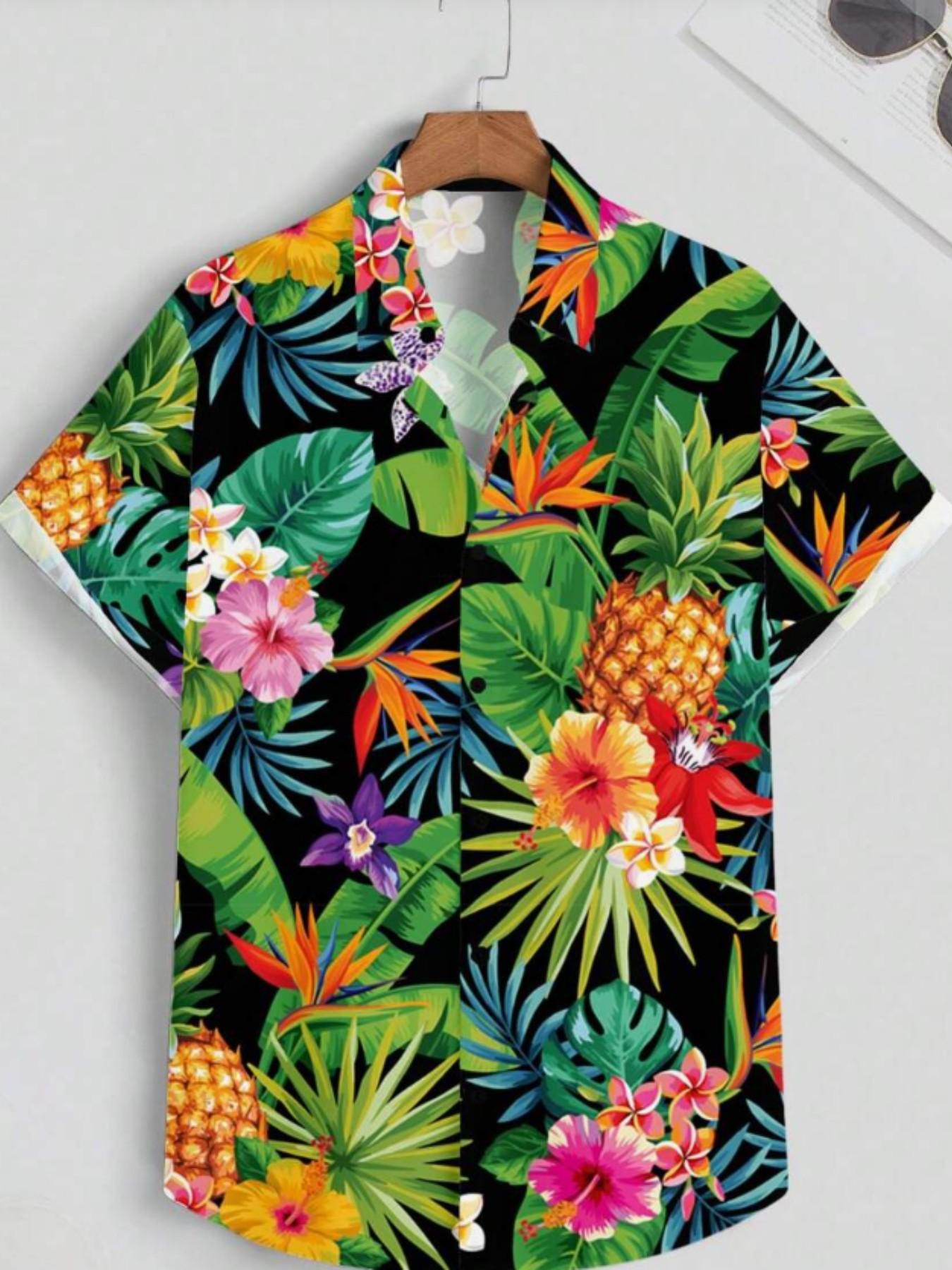 Men's Tropical Hawaiian Shirt, Vibrant Floral Pineapple Print, Short Sleeve Button-Up, Loose Fit, Spring & Fall, Casual Shirt