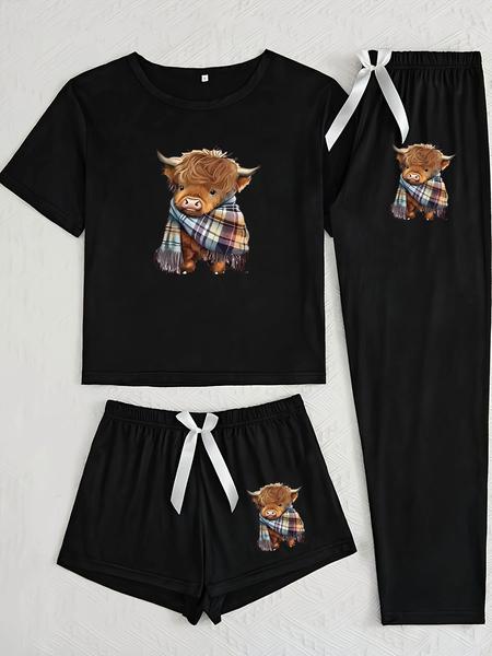 Women's 3-Piece Pajama Set with Cartoon Scarf Print, Highland Cow Pattern Sleepwear for All Seasons, Casual Comfy Pajama, Casual Fitted Nightwear