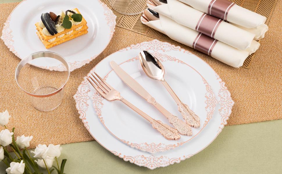 Rose Gold Plastic Dinnerware Set 350PCS - 100 Plates 50 Silverware & Napkins Disposable Cups for Weddings Events Anniversary Elegant Design Premium Quality