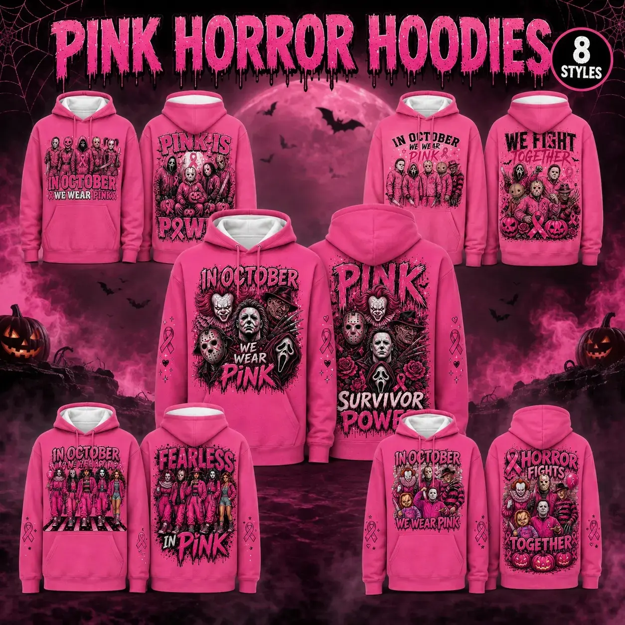 Pink Horror October Hoodie, In October We Wear Pink Scary Movie Character Pumpkin Bat Graphic Pullover Hoodie For Halloween # PinkOctober # HorrorHoodie