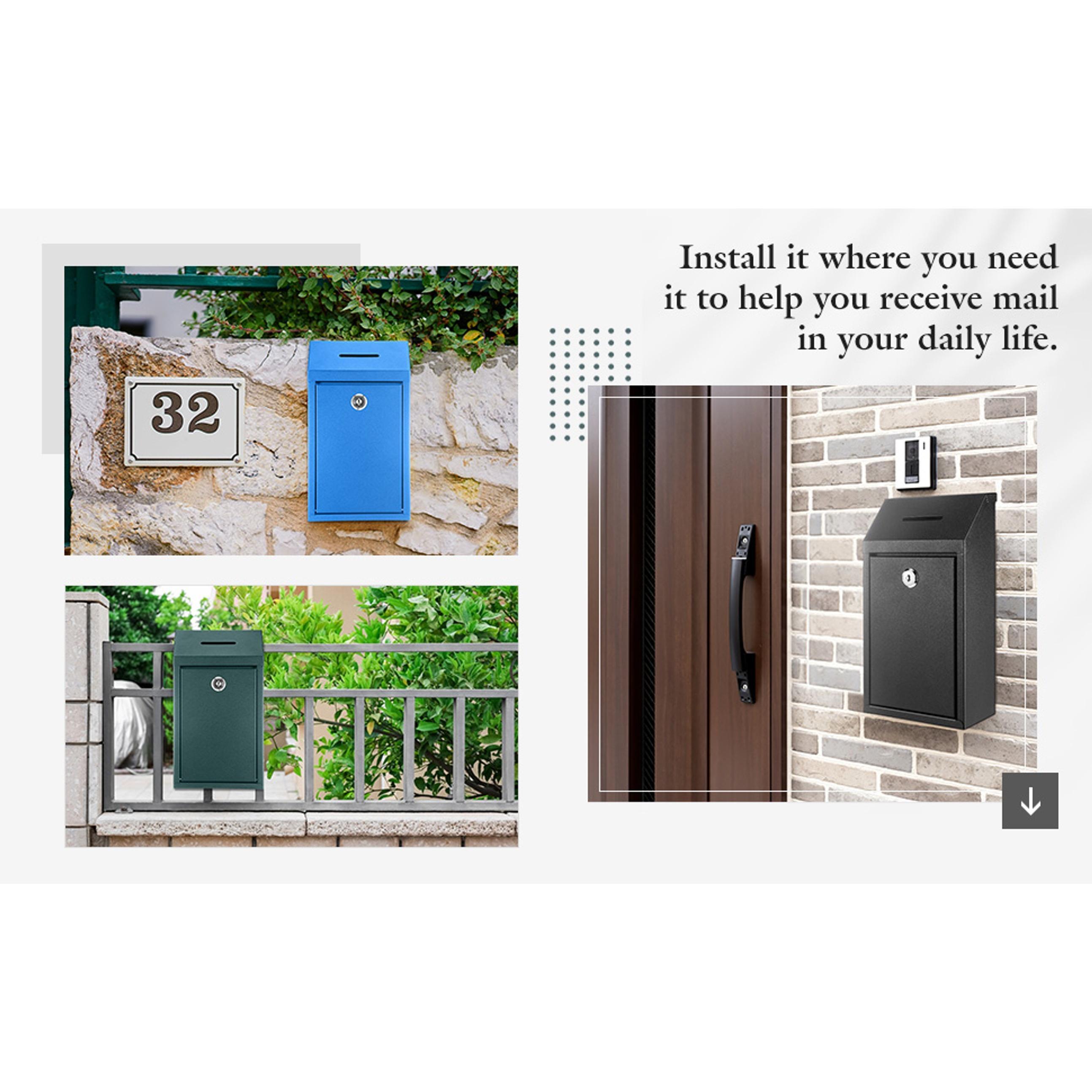 Metal Lockable Donation Cash Box - Money Safe for Cash, Security Lock Box with Key Lock, Confidential Money Drop Container, 1x Black Mailbox with Nail-Hook Installation, Pre-Punched Holes, Wall-Mounted, for Friends, Neighbors (10.24x5.71x2.95in), Wall Mou
