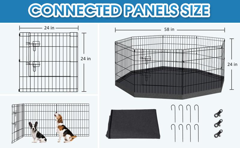 Dog Pen Pet Playpen Dog Fence Indoor Foldable Metal Wire Exercise Puppy Play Yard Pet Enclosure Indoor Outdoor 8 Panels 24 Inch with Bottom Pad/Top Cover (Black with bottom pad)